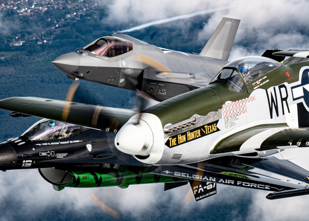 The F-35A Demo Team Flies in Formation with the Belgian F-16 Solo Display Team and a P-51 Mustang