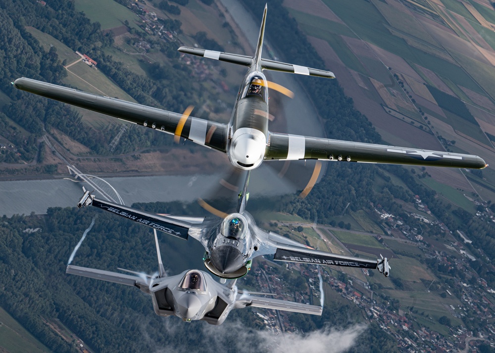 The F-35A Demo Team Flies in Formation with the Belgian F-16 Solo Display Team and a P-51 Mustang