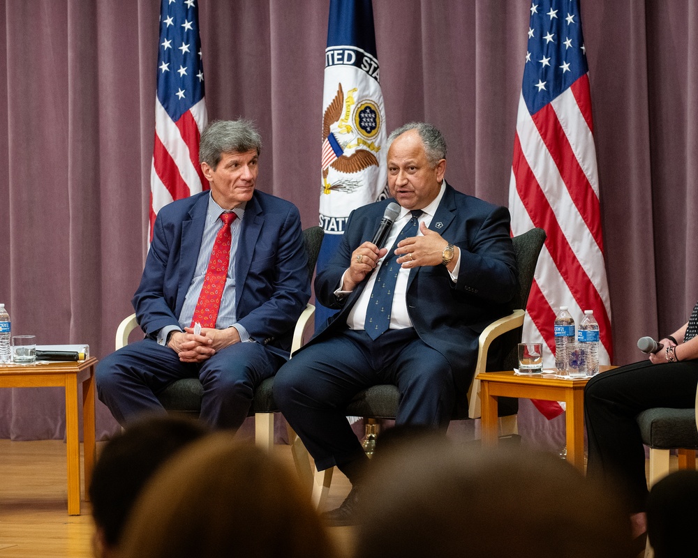 Secretary of the Navy Carlos Del Toro attends a fireside chat hosted by Under Secretary for Economic Growth, Energy, and the Environment Jose Fernandez and representatives from the Hispanic &amp; Latin Employee Council of Foreign Affairs Agencies (HECFAA).