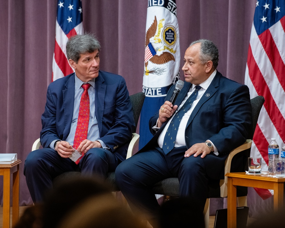 Secretary of the Navy Carlos Del Toro attends a fireside chat hosted by Under Secretary for Economic Growth, Energy, and the Environment Jose Fernandez and representatives from the Hispanic &amp; Latin Employee Council of Foreign Affairs Agencies (HECFAA).