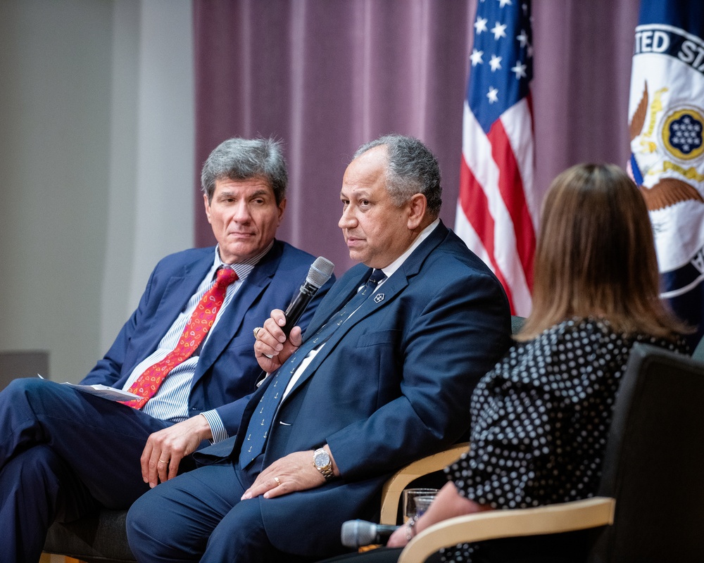 Secretary of the Navy Carlos Del Toro attends a fireside chat hosted by Under Secretary for Economic Growth, Energy, and the Environment Jose Fernandez and representatives from the Hispanic &amp; Latin Employee Council of Foreign Affairs Agencies (HECFAA).