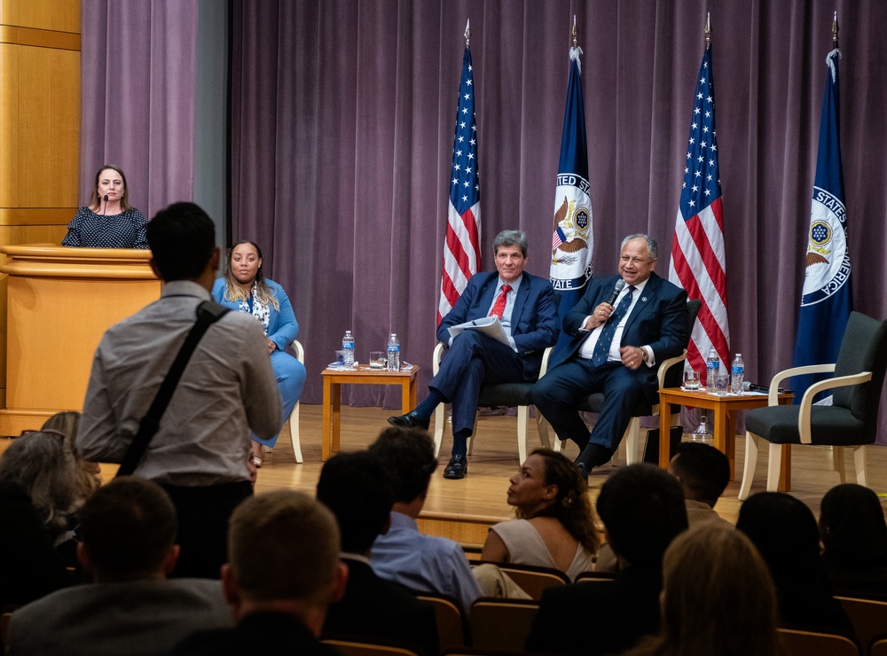 Secretary of the Navy Carlos Del Toro attends a fireside chat hosted by Under Secretary for Economic Growth, Energy, and the Environment Jose Fernandez and representatives from the Hispanic &amp; Latin Employee Council of Foreign Affairs Agencies (HECFAA).