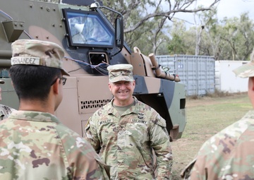 U.S. Army Brig. Gen. Kevin F. Meisler, commanding general, 311th Signal Command speaks with soldiers at the Joint Pacific Multinational Readiness Center