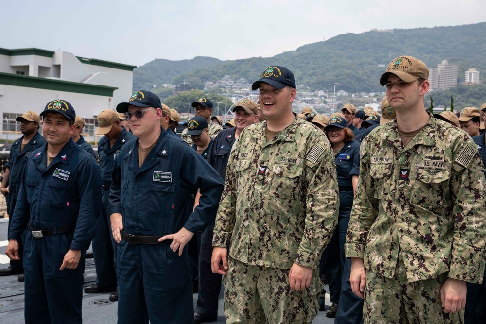 USS Ralph Johnson conducts an all-hands call in Sasebo, Japan.