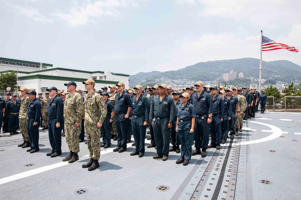 USS Ralph Johnson conducts an all-hands call in Sasebo, Japan.