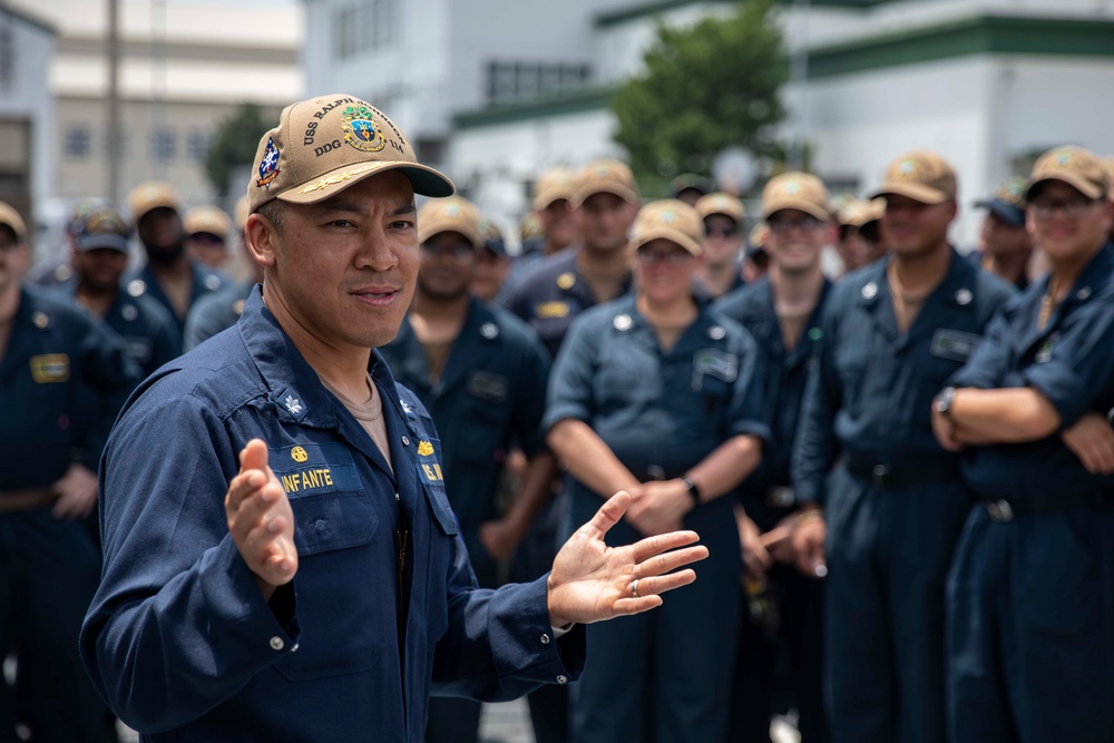 USS Ralph Johnson conducts an all-hands call in Sasebo, Japan.