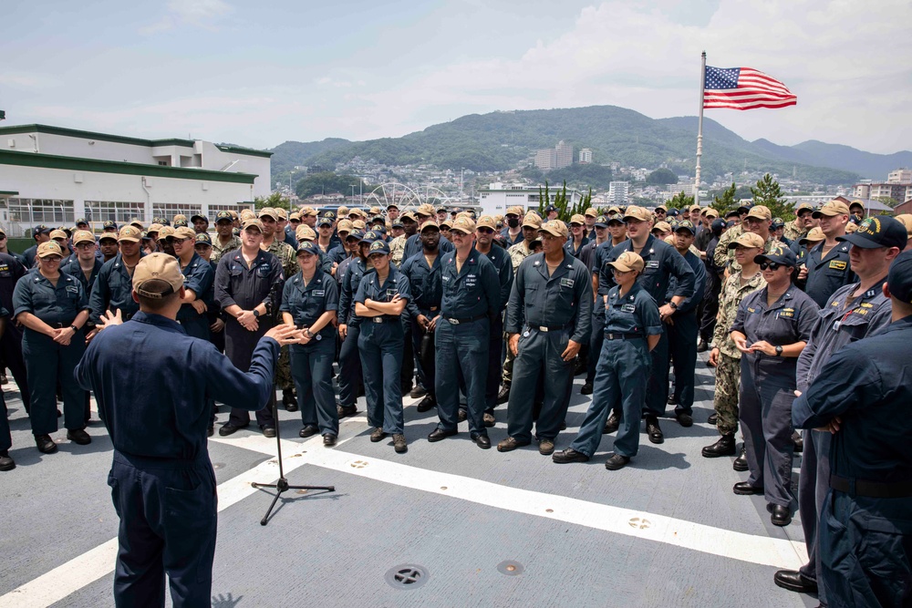 USS Ralph Johnson conducts an all-hands call in Sasebo, Japan.