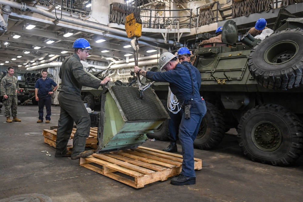 Sailors and Marines aboard USS Green Bay (LPD 20) Conduct Maintenance During Exercise Talisman Sabre 23