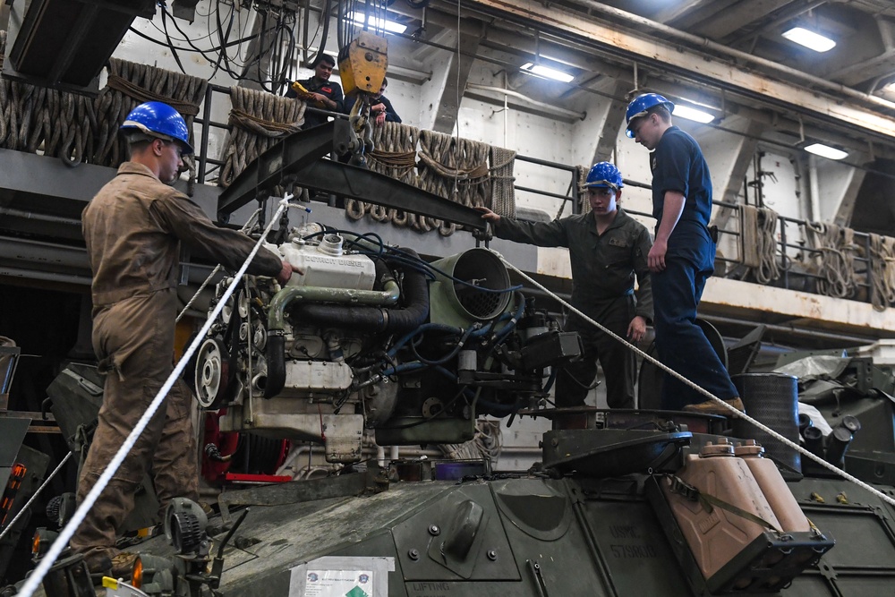 Sailors and Marines aboard USS Green Bay (LPD 20) Conduct Maintenance During Exercise Talisman Sabre 23