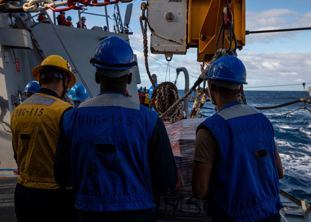 USS Rafael Peralta (DDG 115) conducts a replenishment-at-sea with the Military Sealift Command fleet replenishment oiler USNS Tippecanoe (T-AO 199)