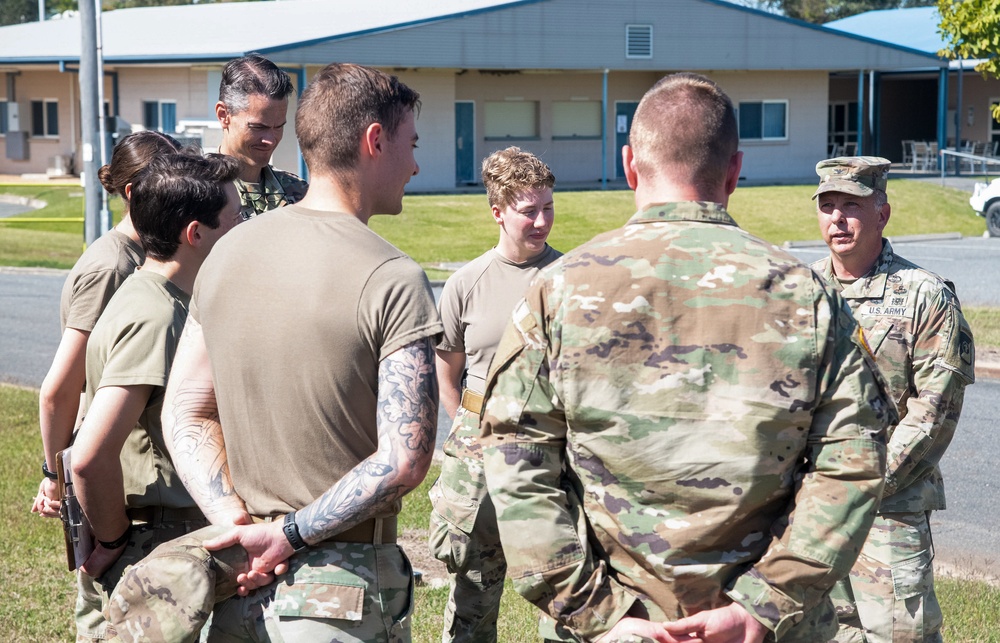 Commander of the 62nd Medical Brigade, U.S. Army, visits soldiers of the 14tth Area Support Medical Company, Utah Army National Guard, during Talisman Sabre 2023