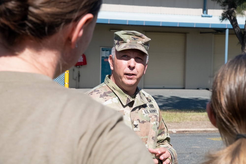 Commander of the 62nd Medical Brigade visits the soldiers of the 144th Area Support Medical Company at Camp Rocky during Talisman Sabre 2023