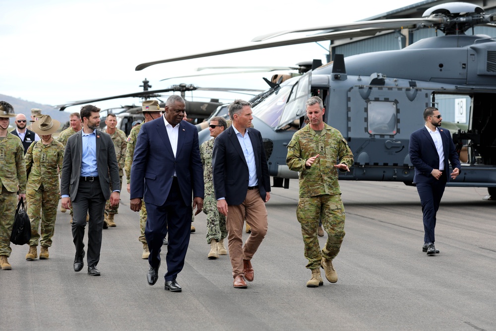 Deputy Prime Minister Richard Marles and Secretary of Defense Lloyd Austin review Talisman Sabre at Lavarack Barracks