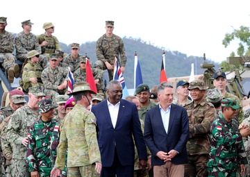 Deputy Prime Minister Richard Marles and Secretary of Defense Lloyd Austin review Talisman Sabre at Lavarack Barracks