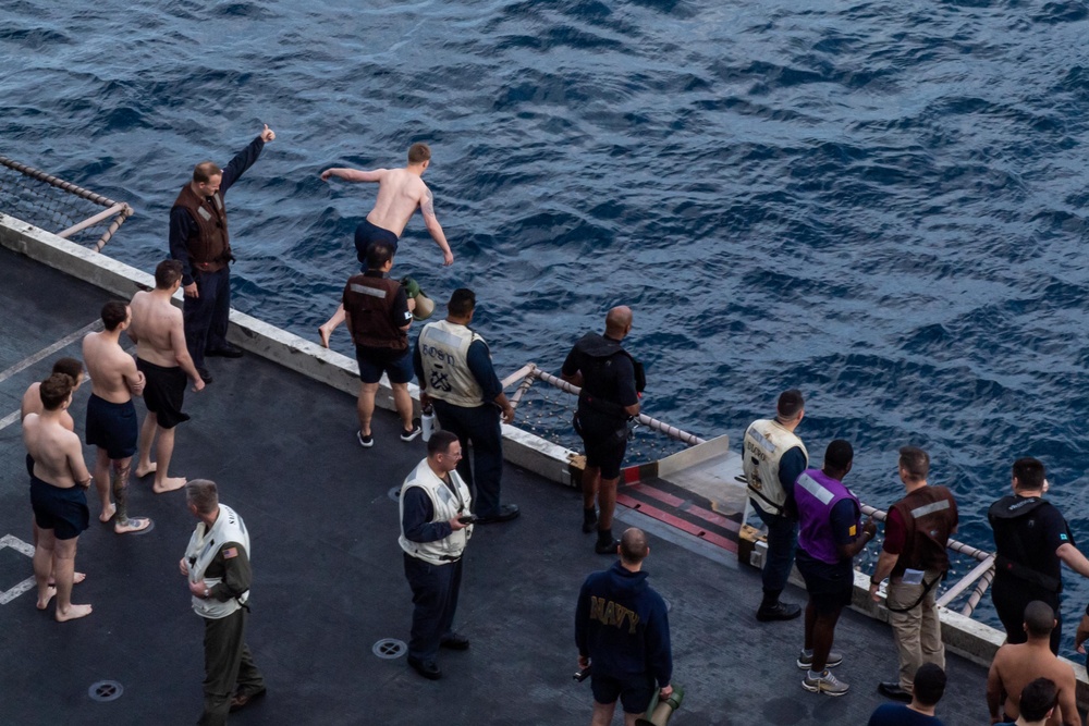 USS Ronald Reagan (CVN 76) celebrates the 20th anniversary of its commissioning with a swim call