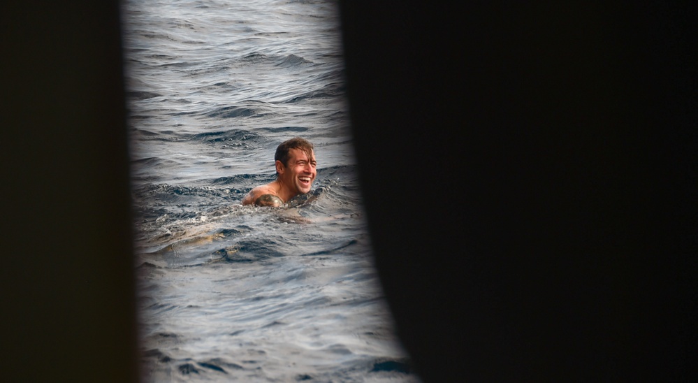 USS Ronald Reagan (CVN 76) celebrates the 20th anniversary of its commissioning with a swim call