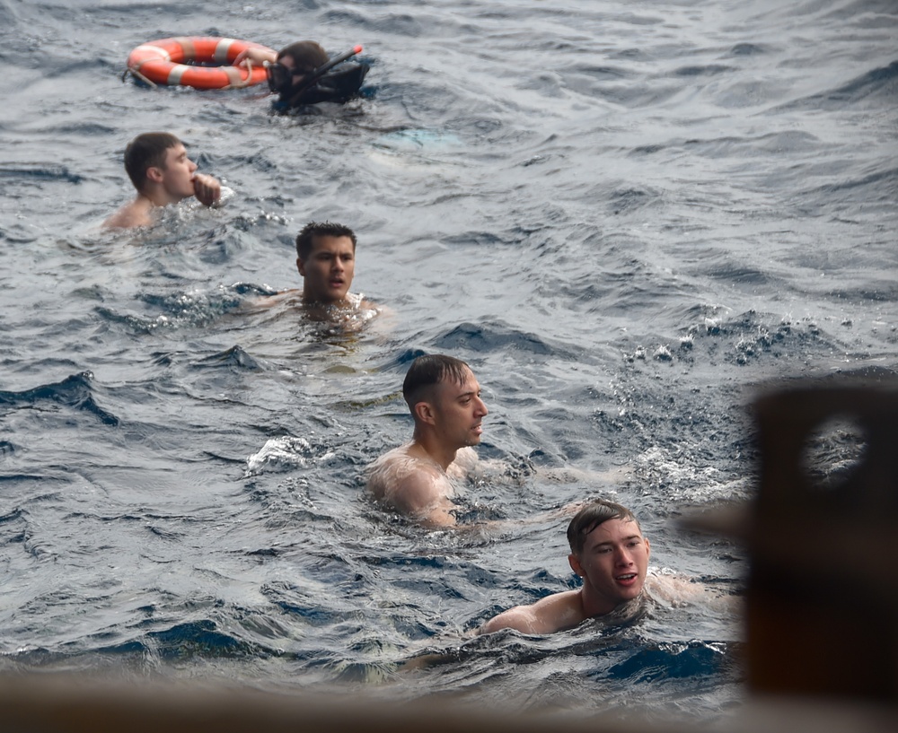 USS Ronald Reagan (CVN 76) celebrates the 20th anniversary of its commissioning with a swim call