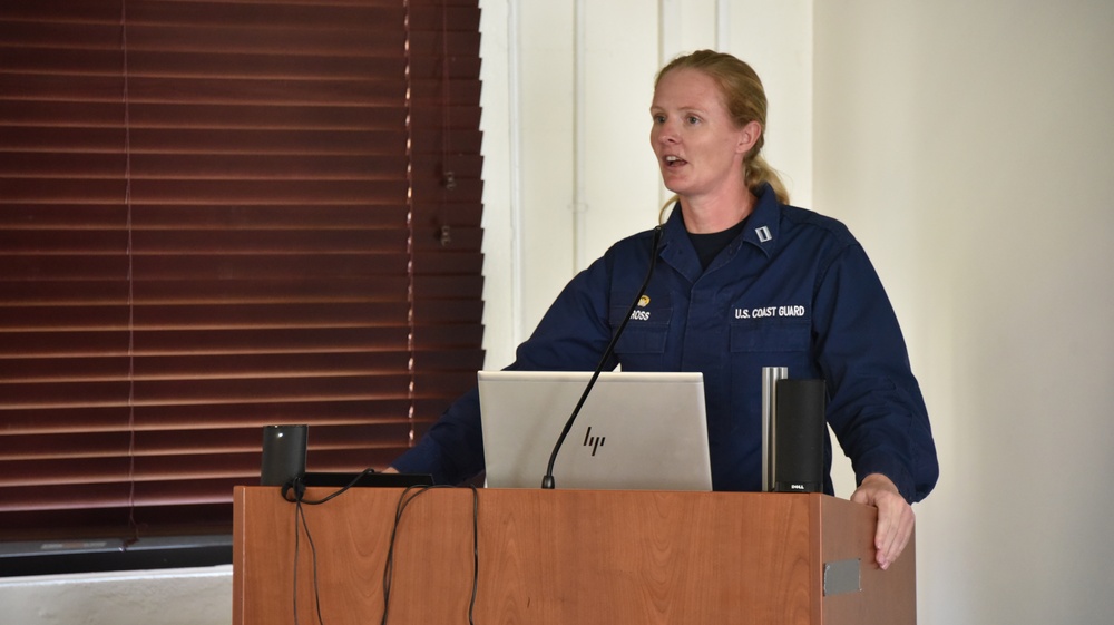 Women and Men at Coast Guard Base Los Angeles-Long Beach attend Women's Leadership Initiative meeting