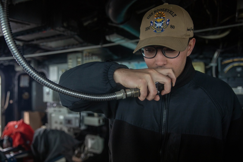 Roosevelt is on a scheduled deployment in the U.S. Naval Forces Europe area of operations, employed by the U.S. Sixth Fleet to defend U.S., allied and partner interests.