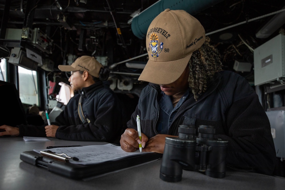 Roosevelt is on a scheduled deployment in the U.S. Naval Forces Europe area of operations, employed by the U.S. Sixth Fleet to defend U.S., allied and partner interests.