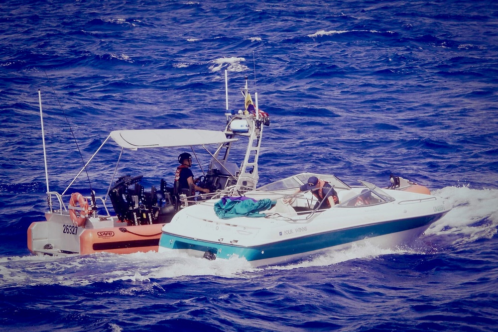 USCGC Myrtle Hazard (WPC 1139) tows a disabled vessel