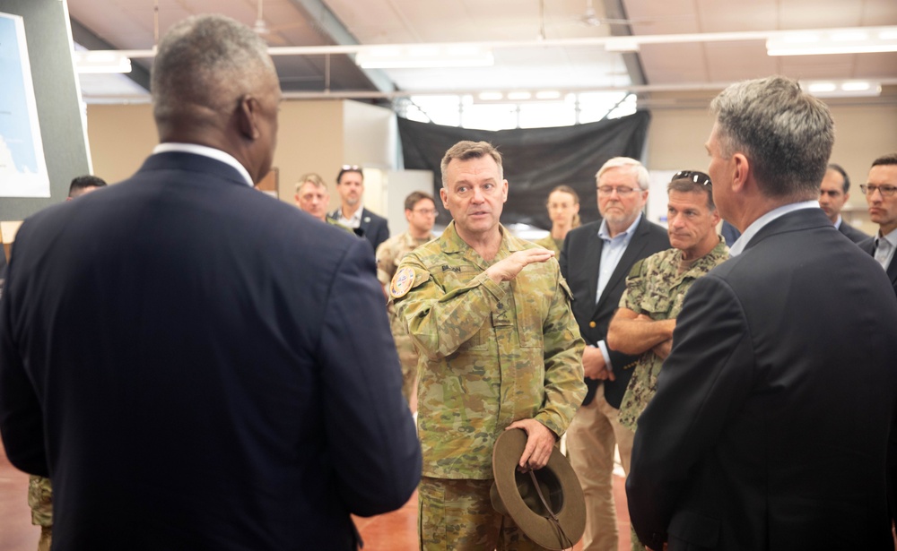 Secretary of Defense Lloyd J. Austin III (left) and Deputy Prime Minister Richard Marles discuss Exercise Talisman Sabre