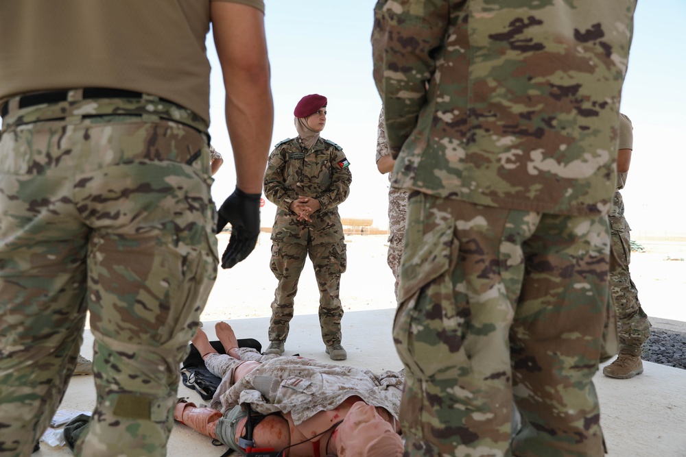 Jordanian Quick Reaction Force Female Engagement Team members participate in a coalition led Tactical Combat Casualty Care Class.