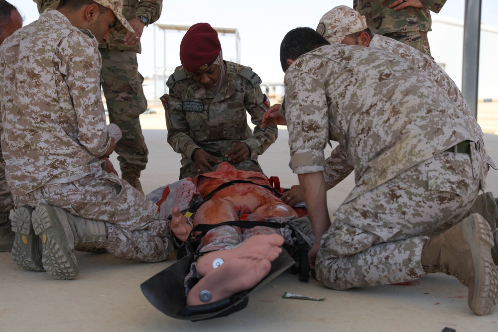 Jordanian Quick Reaction Force Female Engagement Team members participate in a coalition led Tactical Combat Casualty Care Class.