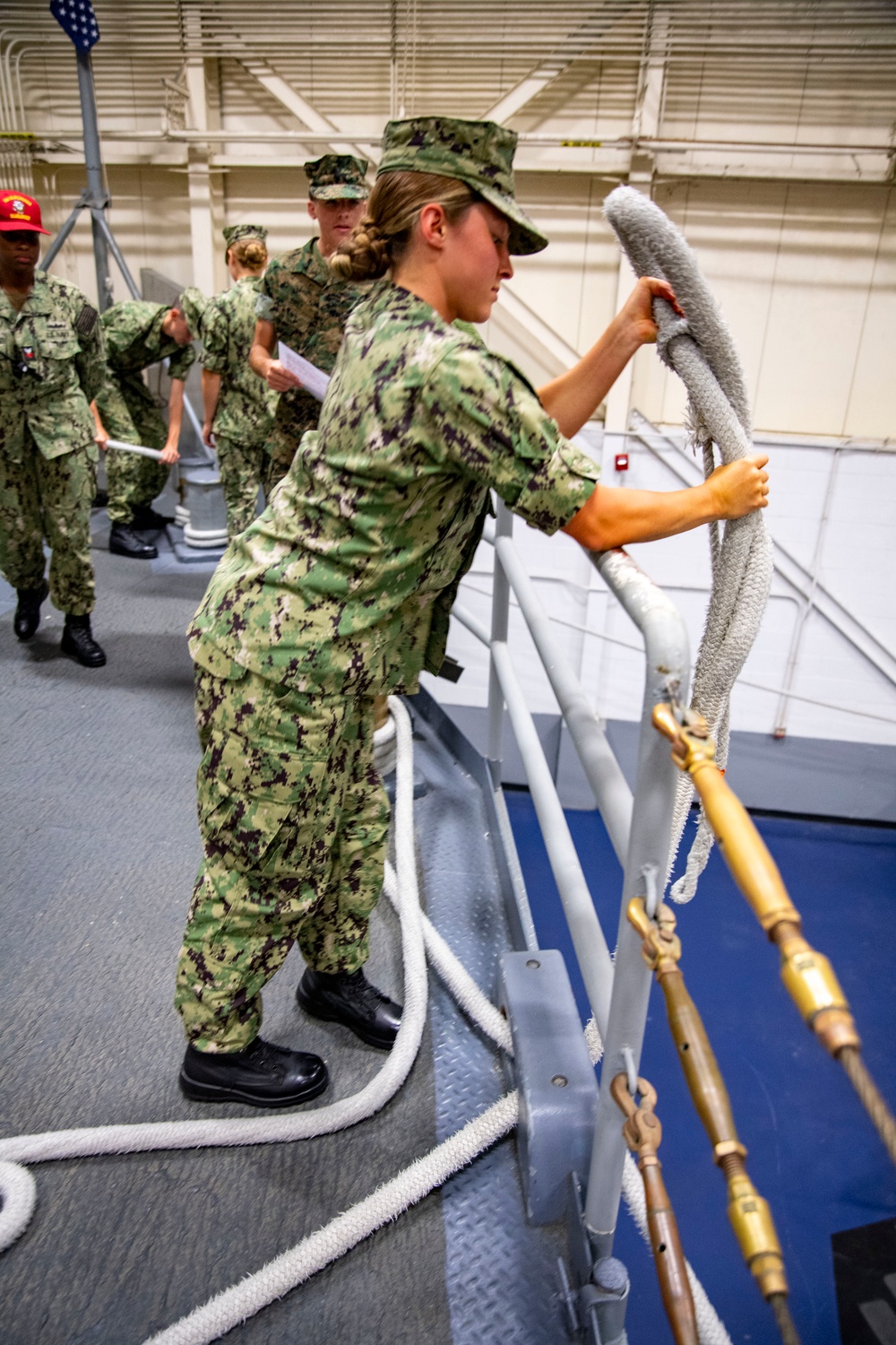 Naval Reserve Officers Training Corps (NROTC) New Student Indoctrination (NSI) Cycle 3 midshipmen candidates on the USS Marlinspike Seamanship Trainer at RTC