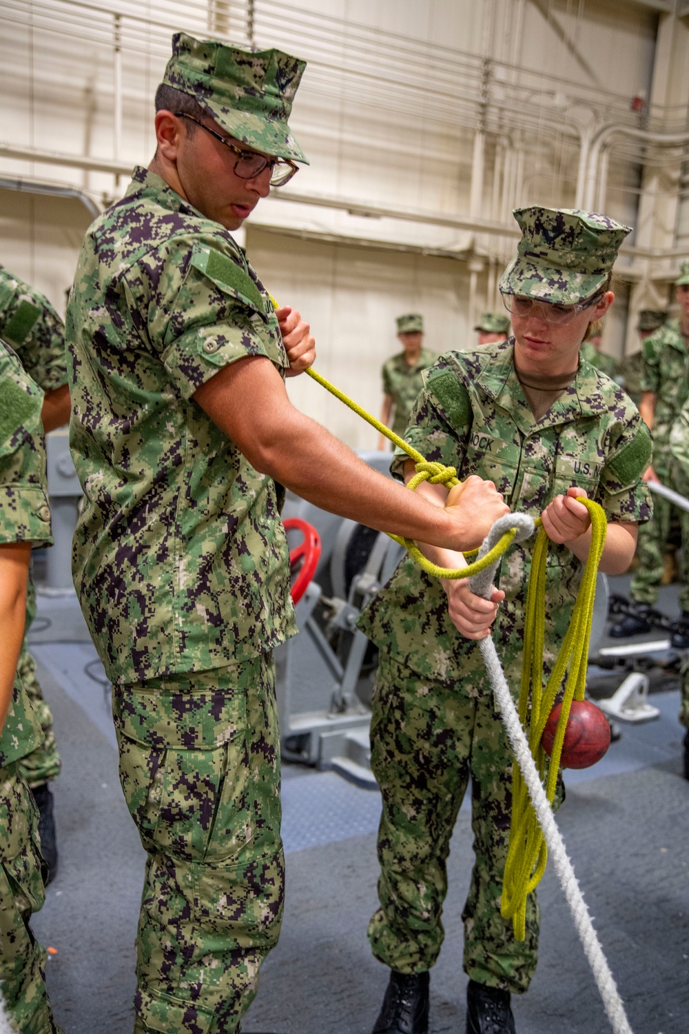 Naval Reserve Officers Training Corps (NROTC) New Student Indoctrination (NSI) Cycle 3 midshipmen candidates on the USS Marlinspike Seamanship Trainer at RTC