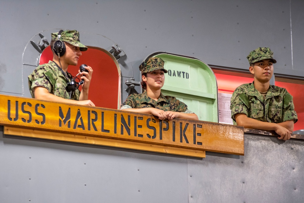 Naval Reserve Officers Training Corps (NROTC) New Student Indoctrination (NSI) Cycle 3 midshipmen candidates on the USS Marlinspike Seamanship Trainer at RTC