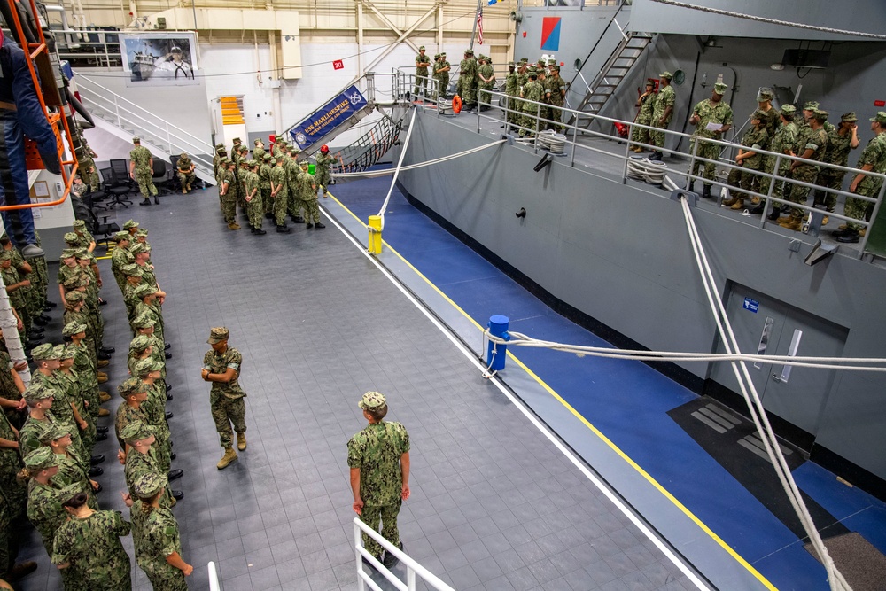 Naval Reserve Officers Training Corps (NROTC) New Student Indoctrination (NSI) Cycle 3 midshipmen candidates on the USS Marlinspike Seamanship Trainer at RTC