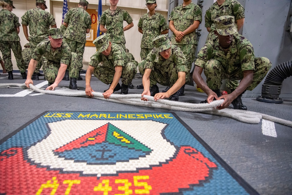 Naval Reserve Officers Training Corps (NROTC) New Student Indoctrination (NSI) Cycle 3 midshipmen candidates on the USS Marlinspike Seamanship Trainer at RTC