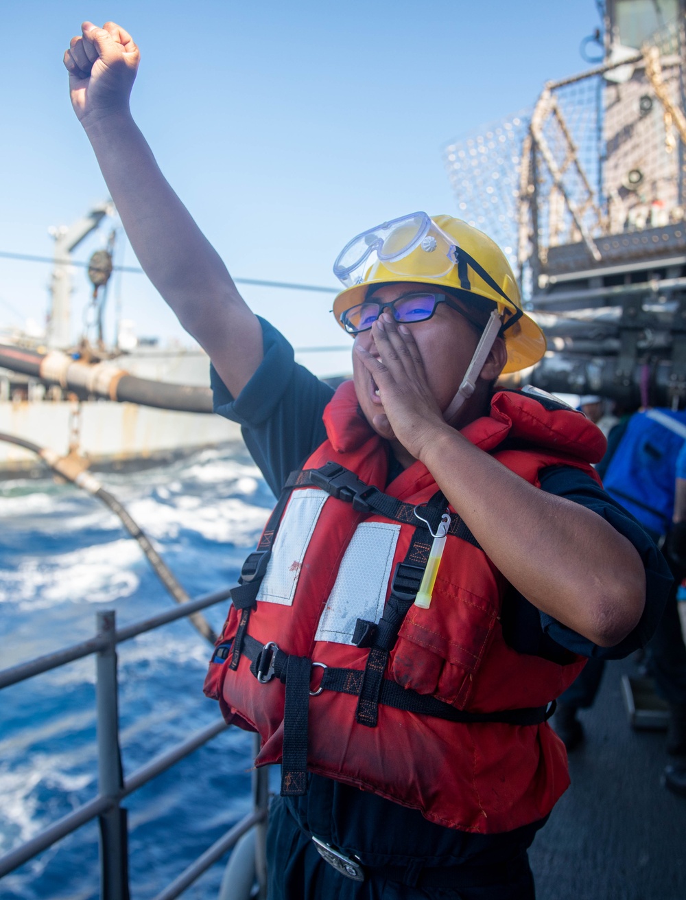BMSN Burton Shouts a Command Aboard USS Antietam (CG 54)