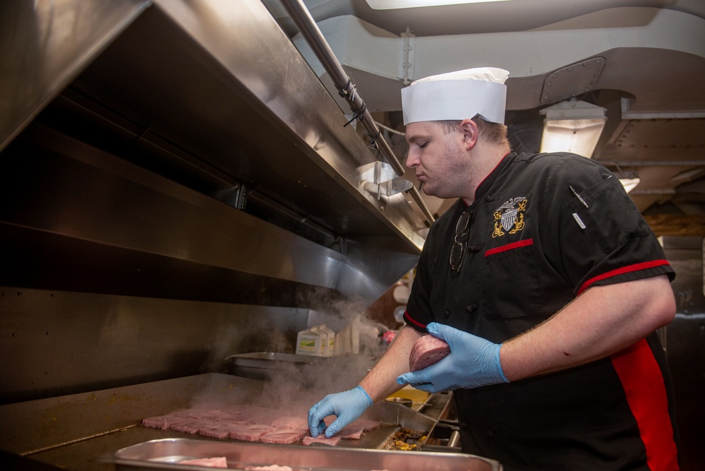 USS Ronald Reagan (CNV 76) Sailors prepare breakfast in the wardroom