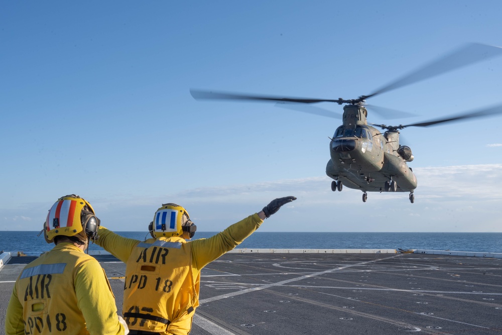 A Chinook Helicopter from the JGSDF Lands aboard USS New Orleans July 23, 2023