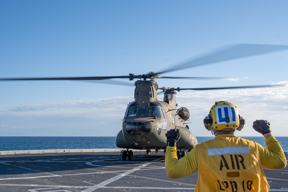 A Chinook Helicopter from the JGSDF Lands aboard USS New Orleans July 23, 2023