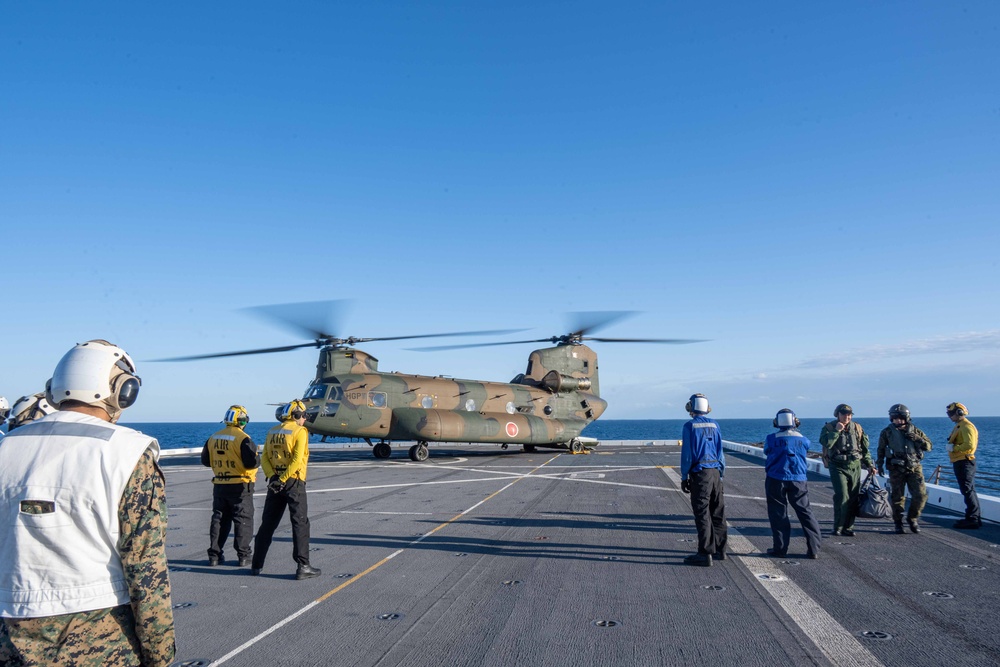 A Chinook Helicopter from the JGSDF Lands aboard USS New Orleans July 23, 2023