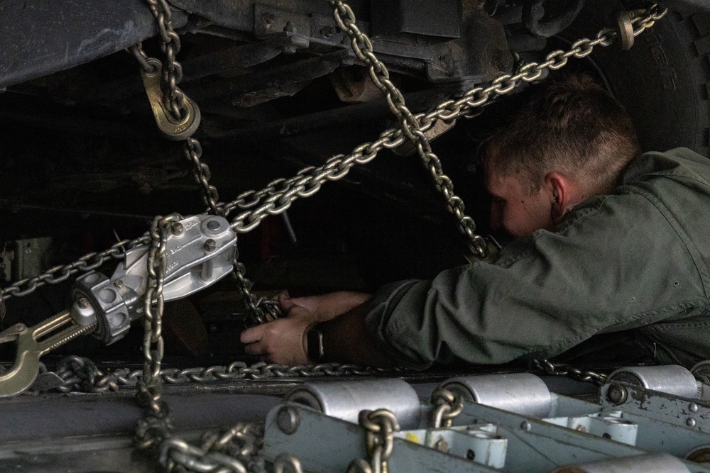 U.S. Marines load gear onto KC-130J Hercules in support of Large Scale Exercise 2023