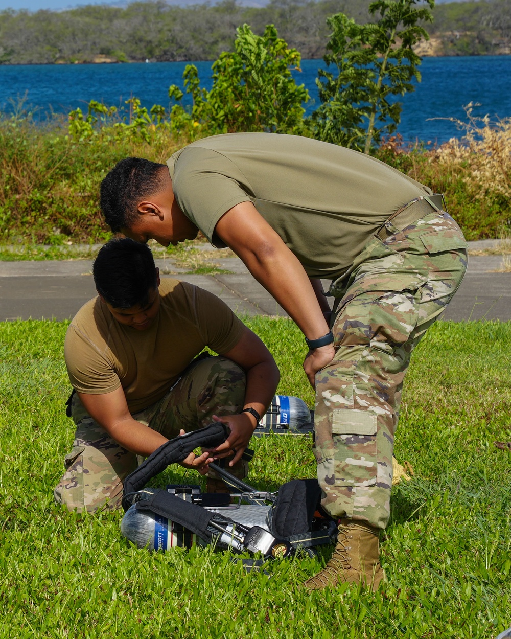 JTF-RH roving security and fire watch team members conduct SCBA training on Ford Island