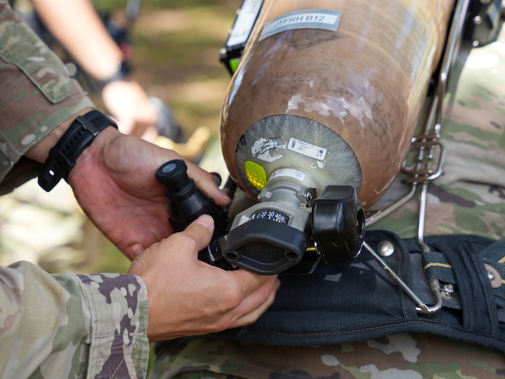 JTF-RH roving security and fire watch team members conduct SCBA training on Ford Island