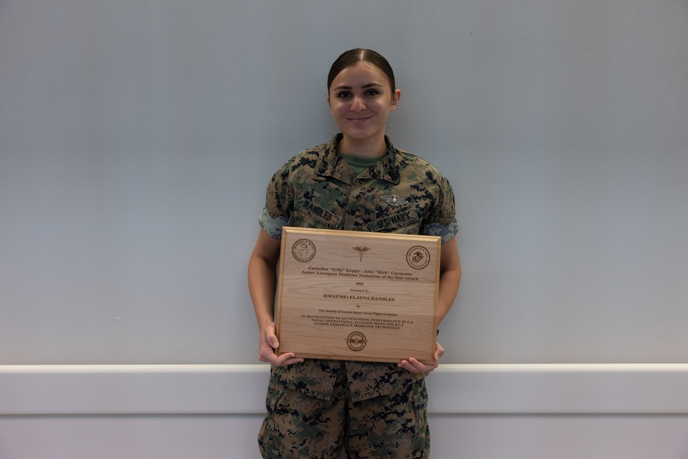 U.S. Sailor with 2nd Marine Aircraft Wing is awarded the Junior Aerospace Medicine Technician of the Year Award