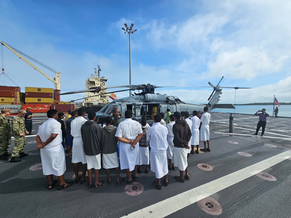 Students from the Lautoka Andhra Sangam College tour USS Jackson during Pacific Partnership 2023