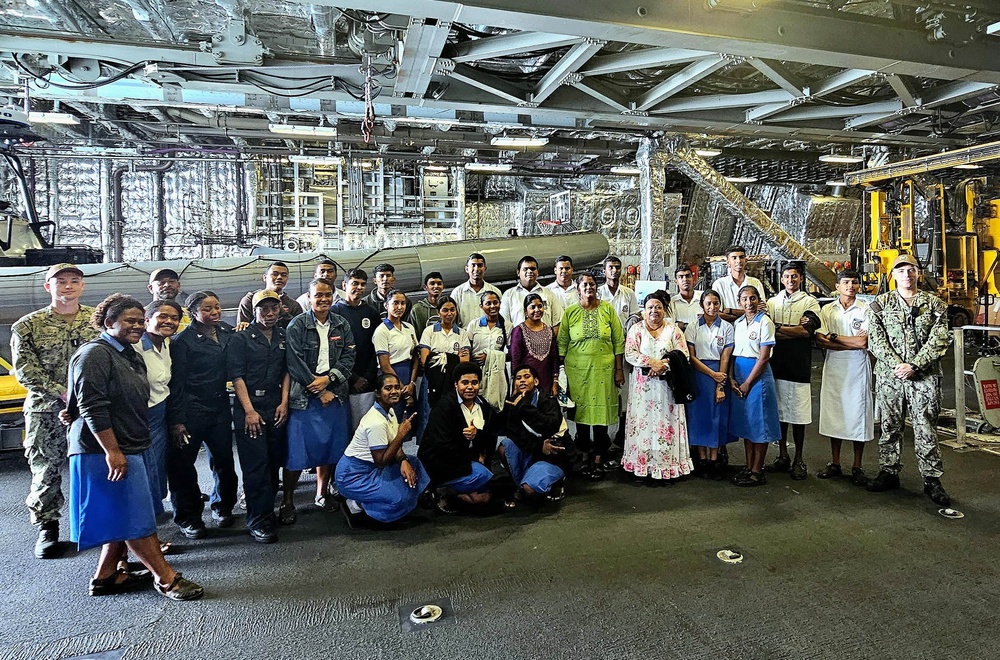 Students from the Lautoka Andhra Sangam College tour USS Jackson during Pacific Partnership 2023