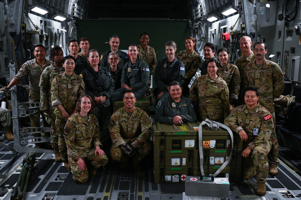 The U.S., Australian, and New Zealand Air Force medical teams work together at Exercise Mobility Guardian 23