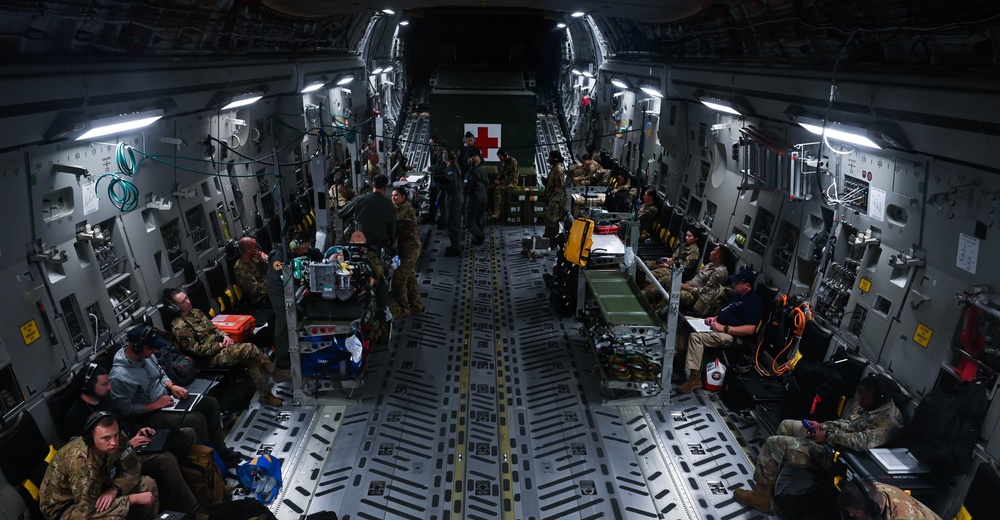 The U.S., Australian, and New Zealand Air Force medical teams work together at Exercise Mobility Guardian 23