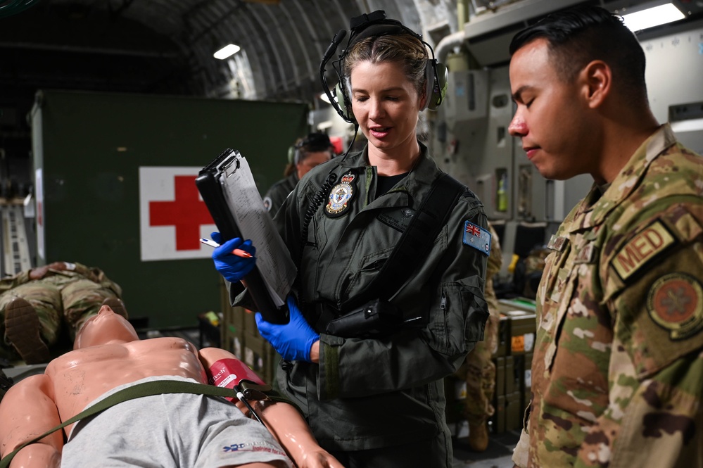 The U.S., Australian, and New Zealand Air Force medical teams work together at Exercise Mobility Guardian 23