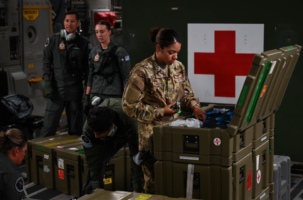 The U.S., Royal Australian, and New Zealand Air Force medical teams work together at Exercise Mobility Guardian 23