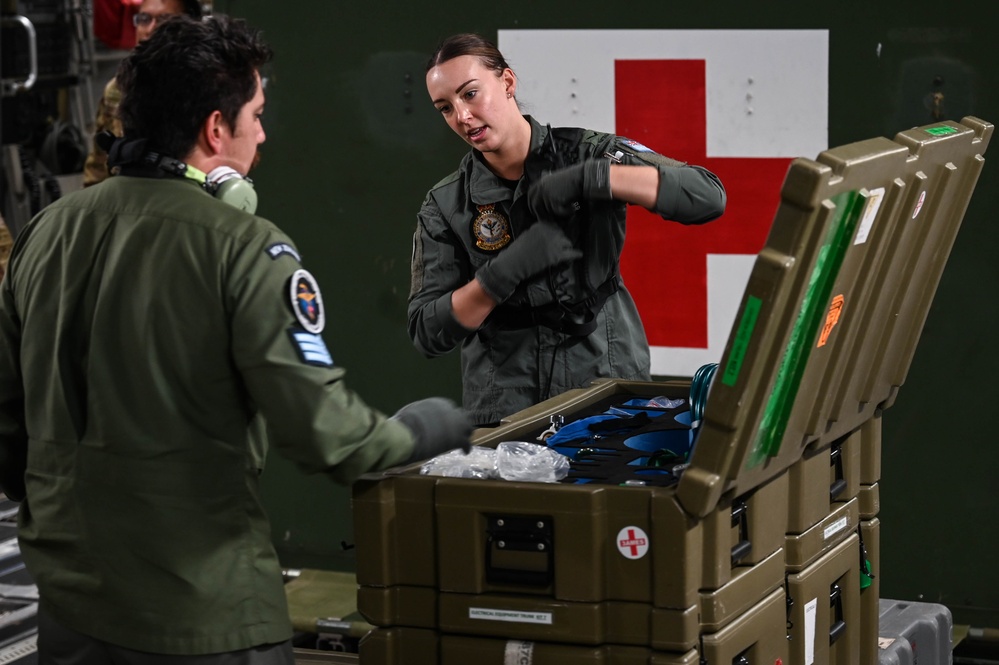 The U.S., Royal Australian, and New Zealand Air Force medical teams work together at Exercise Mobility Guardian 23