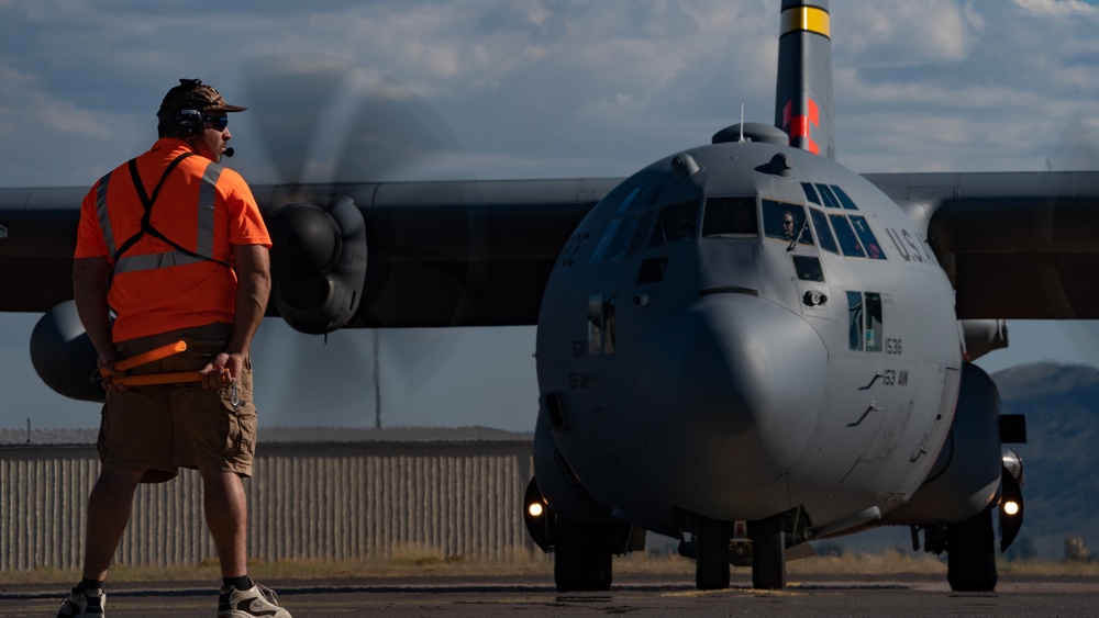 153rd Airlift Wing's MAFFS 1 launches in support of MAFFS wildfire suppression operations for Ben Harrison Fire
